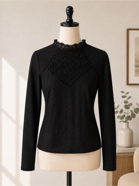 Black Lace Yoke Long Sleeve Tee